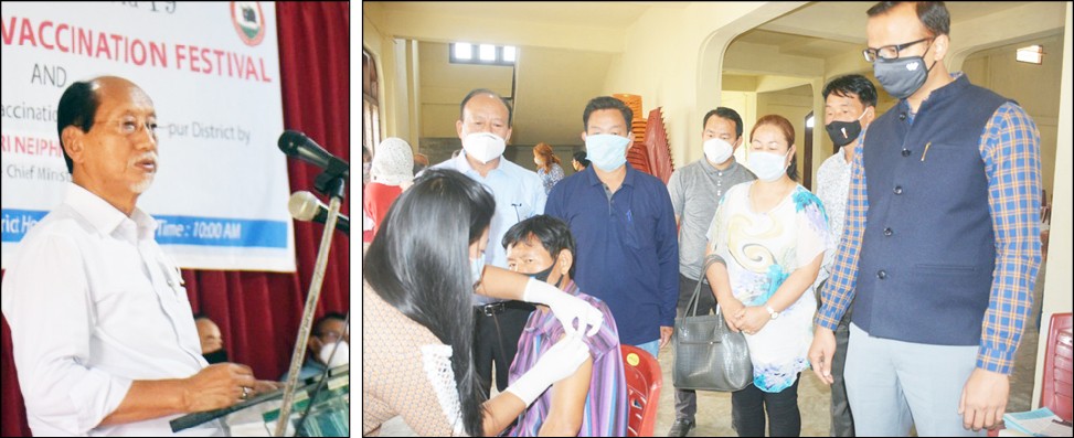(Left) Neiphiu Rio addressing Tikka Utsav (COVID-19 vaccination festival) and launching of new vaccination centres programme at District Hospital, Dimapur on April 13. (Right) COVID-19 vaccination mela was launched at Town Hall, Tuensang by DC & Chairman DTF, Tuensang Kumar Ramnikant, IAS in the presence of CMO and DTF members on April 13. The mela is scheduled on April 13 and 14. On the first day, 67 people who are above 45 years of age got vaccinated.  (DIPR Photo)